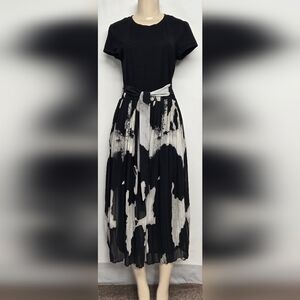 Forcynthia M Midi Dress Short Sleeve Belted Accordion Pleats Elastic Waist